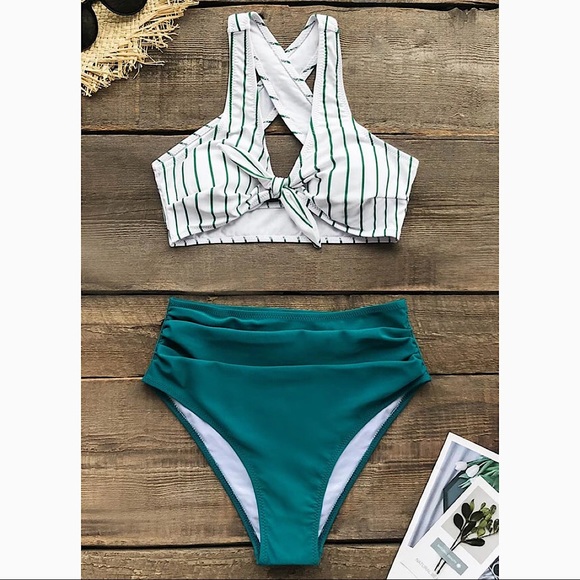NEW Cupshe Teal Solid and Striped Bikini set Size XL - Picture 3 of 5